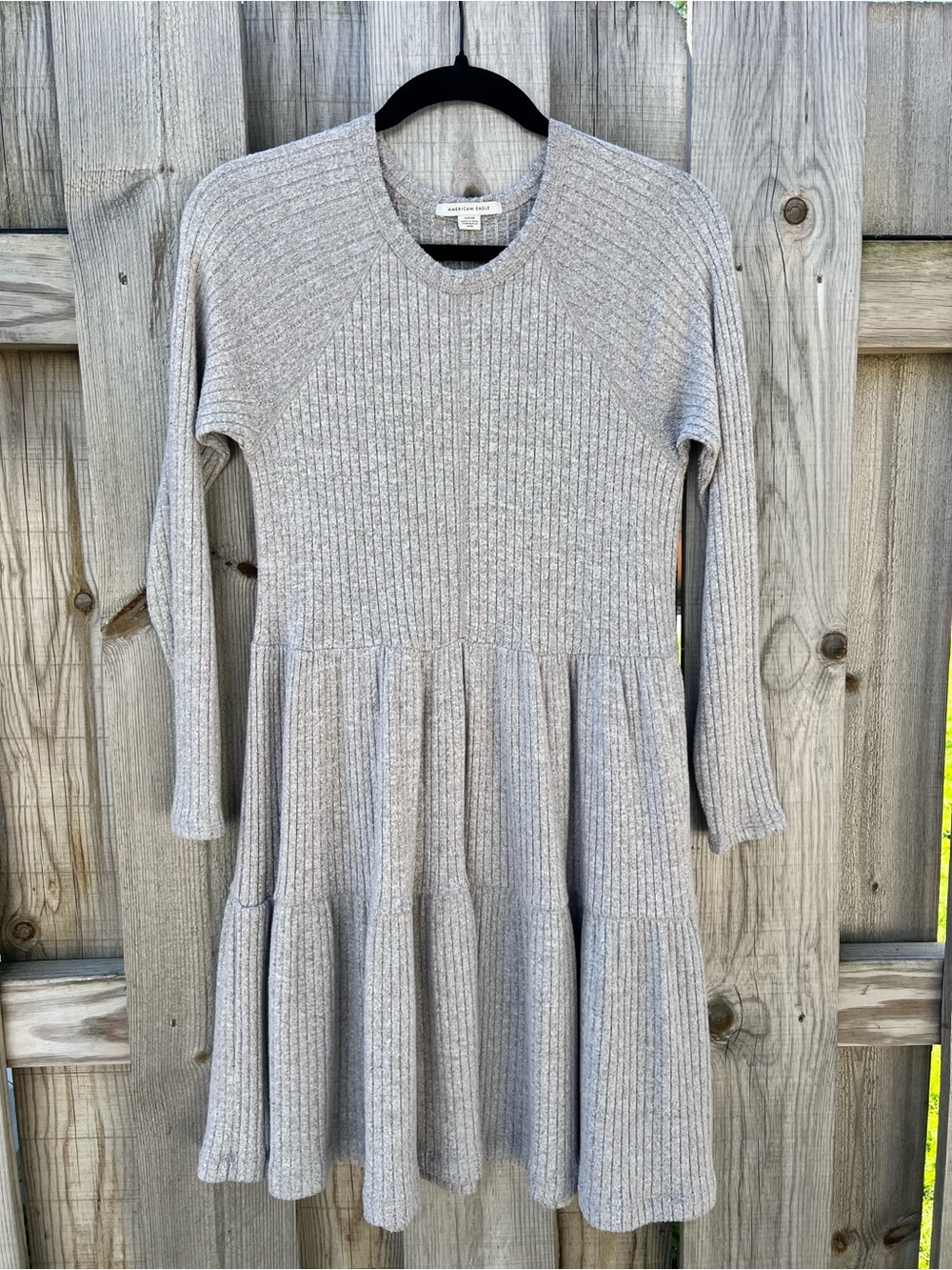 American Eagle Gray Ribbed Knit Tiered Babydoll Mini Sweater Dress Women’s Small